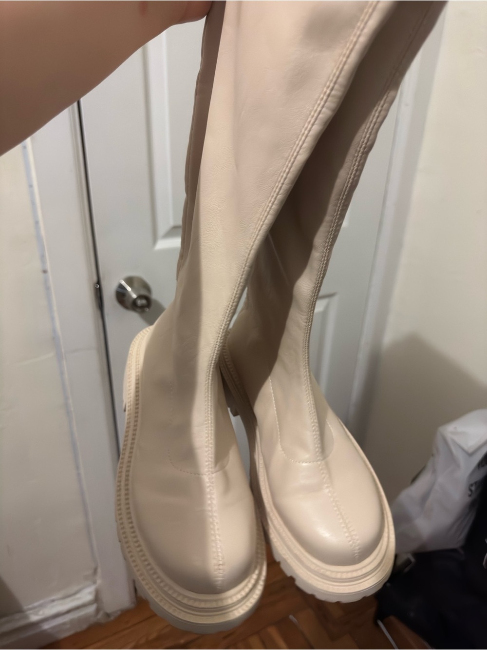 Knee-High Chunky Lug Sole Boots in Cream - Women's Ankle & Bootie Style - Picture 3 of 5